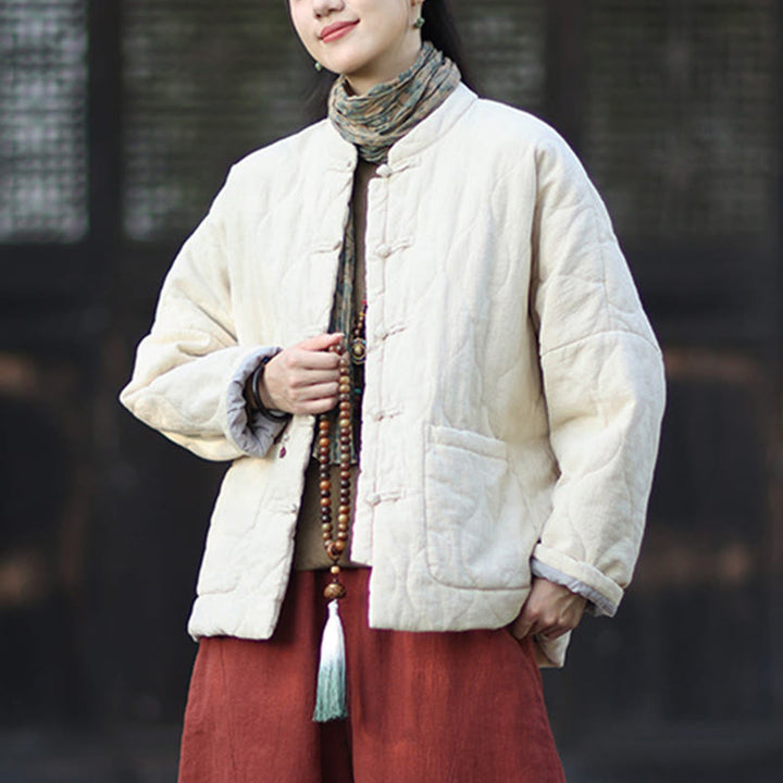 Chaqueta térmica de manga larga para mujer de algodón ramio con botones de rana y líneas curvas de Buddha Stones con bolsillos - image 28