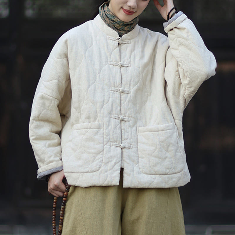 Chaqueta térmica de manga larga para mujer de algodón ramio con botones de rana y líneas curvas de Buddha Stones con bolsillos - image 21