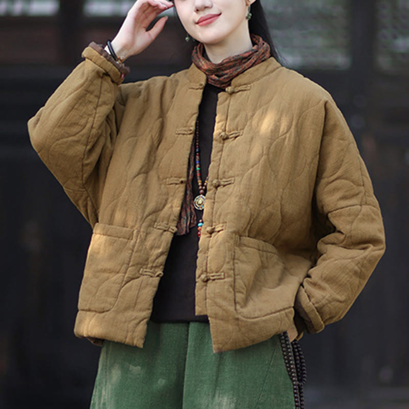 Chaqueta térmica de manga larga para mujer de algodón ramio con botones de rana y líneas curvas de Buddha Stones con bolsillos - image 35