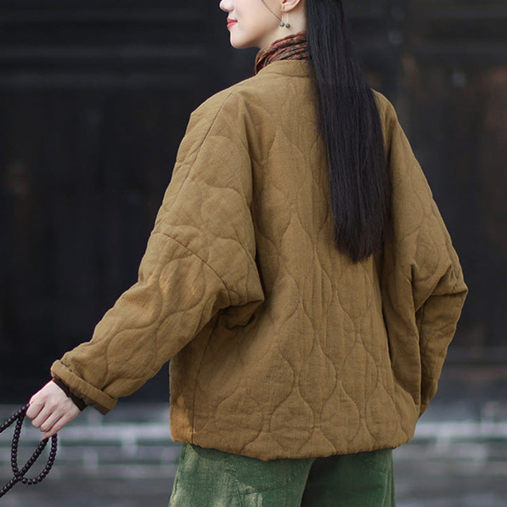 Chaqueta térmica de manga larga para mujer de algodón ramio con botones de rana y líneas curvas de Buddha Stones con bolsillos - image 32