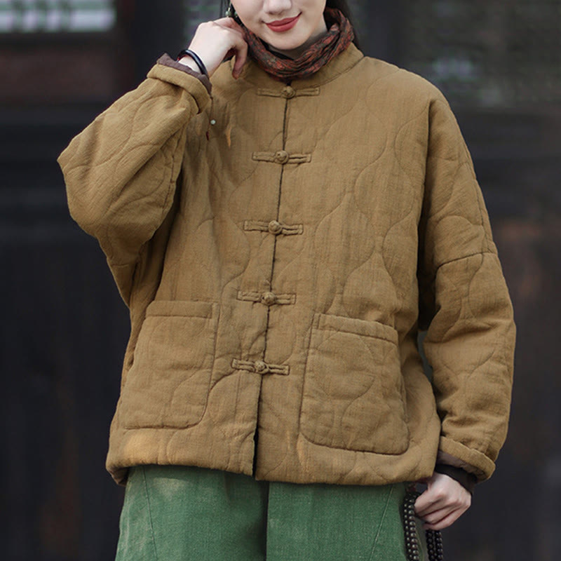 Chaqueta térmica de manga larga para mujer de algodón ramio con botones de rana y líneas curvas de Buddha Stones con bolsillos - image 31