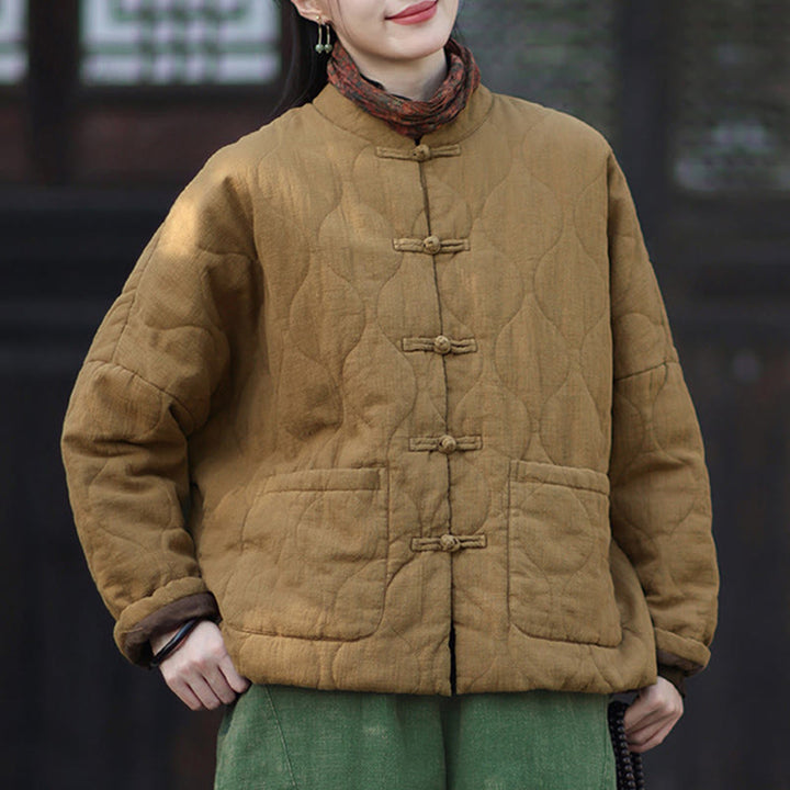 Chaqueta térmica de manga larga para mujer de algodón ramio con botones de rana y líneas curvas de Buddha Stones con bolsillos - image 30