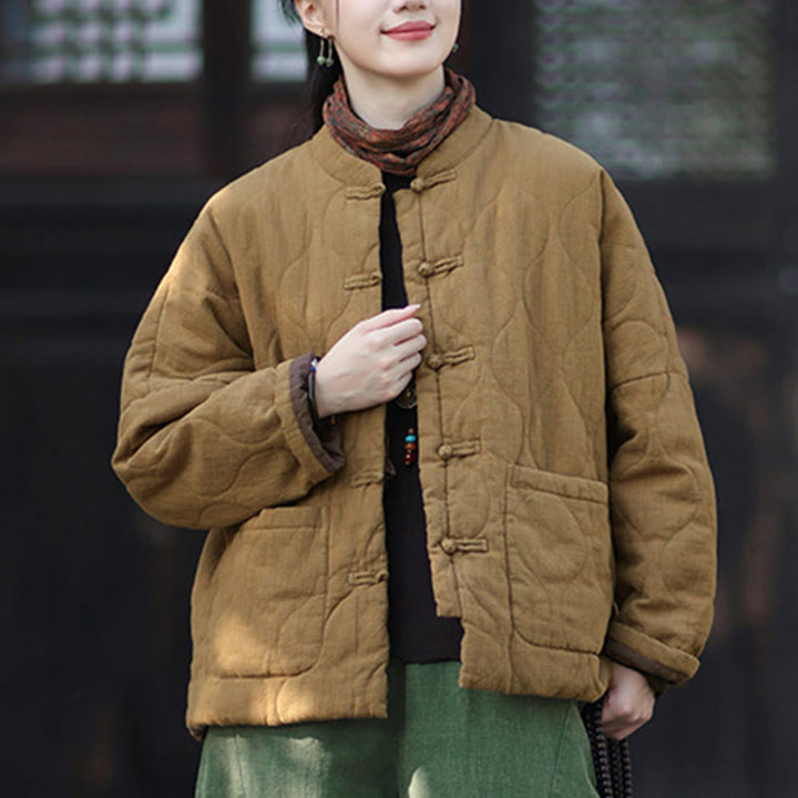 Chaqueta térmica de manga larga para mujer de algodón ramio con botones de rana y líneas curvas de Buddha Stones con bolsillos - image 37