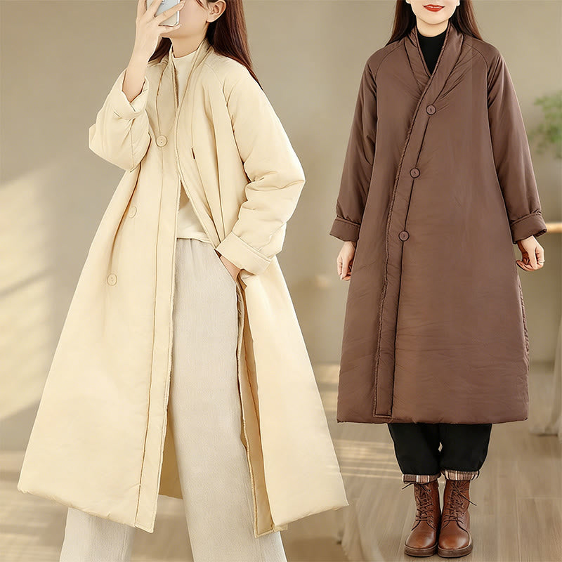 Abrigo térmico de algodón para mujer, de manga larga, con botones y cuello en V y bolsillos , de Buddha Stones, para invierno - image 19