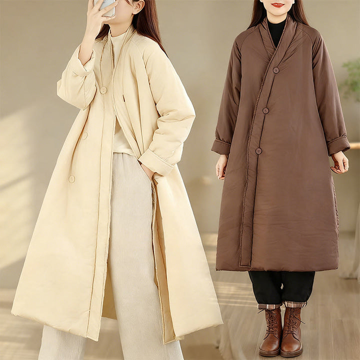 Abrigo térmico de algodón para mujer, de manga larga, con botones y cuello en V y bolsillos , de Buddha Stones, para invierno - image 19