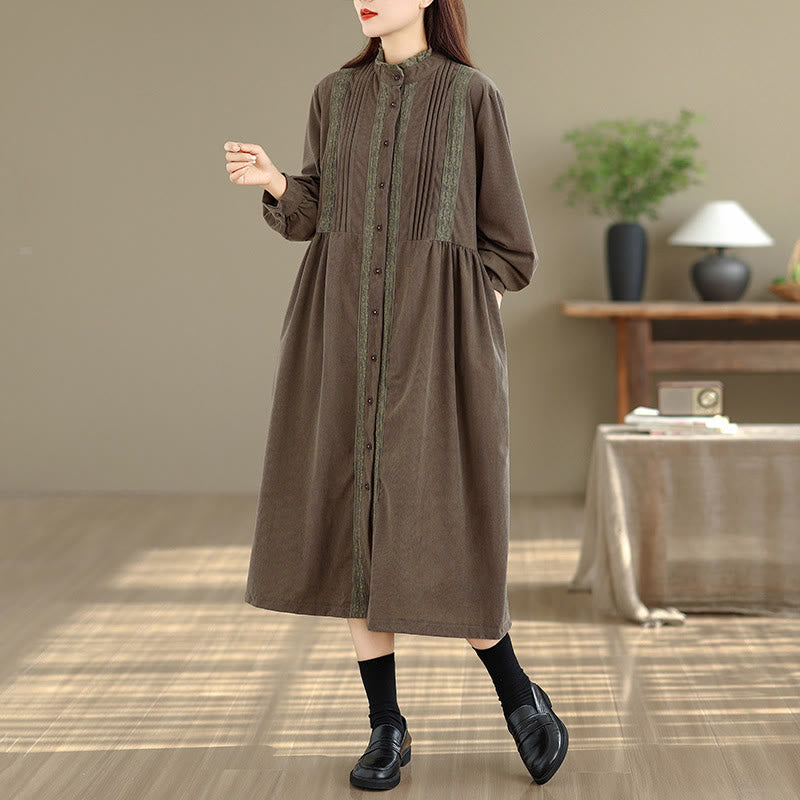 Vestido midi de pana de manga larga con botones, plisado y bolsillos para mujer de Buddha Stones Winter - image 1
