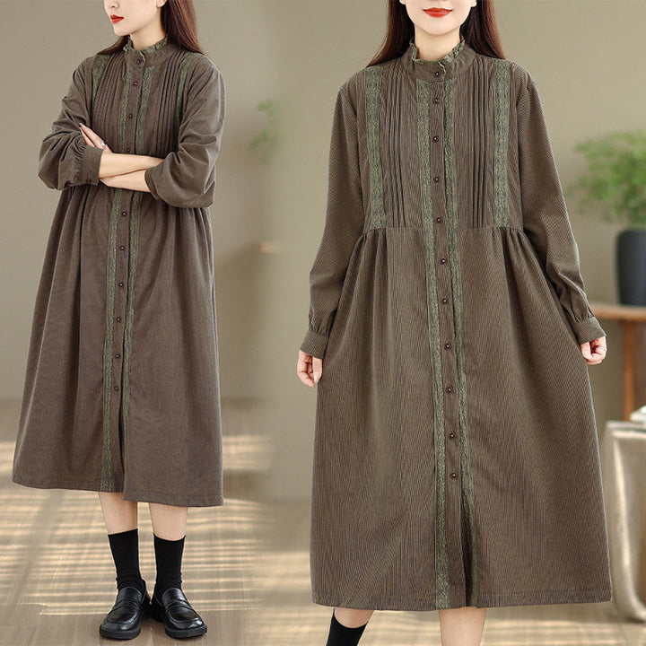 Vestido midi de pana de manga larga con botones, plisado y bolsillos para mujer de Buddha Stones Winter - image 6