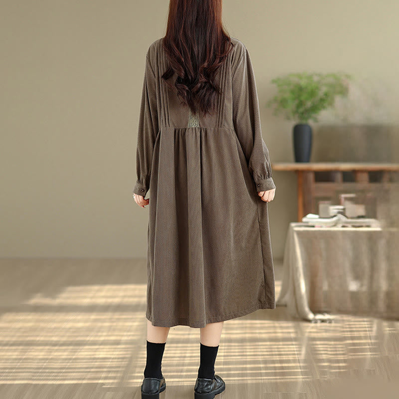 Vestido midi de pana de manga larga con botones, plisado y bolsillos para mujer de Buddha Stones Winter - image 3