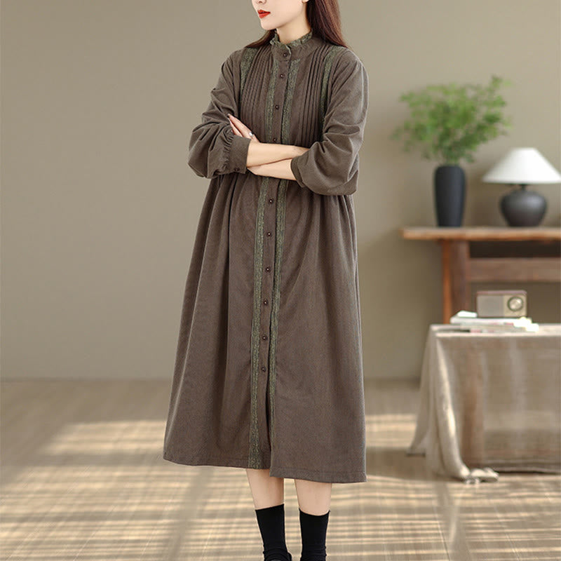 Vestido midi de pana de manga larga con botones, plisado y bolsillos para mujer de Buddha Stones Winter - Broncearse - US8-10，UK/AU12-14，EU40-42 (2XL) - image 0