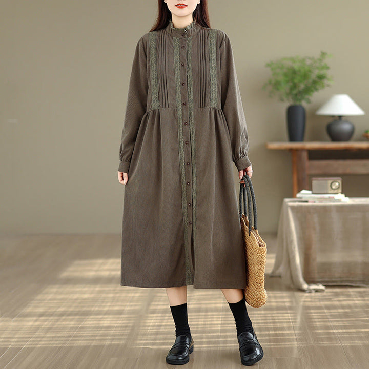 Vestido midi de pana de manga larga con botones, plisado y bolsillos para mujer de Buddha Stones Winter - image 2