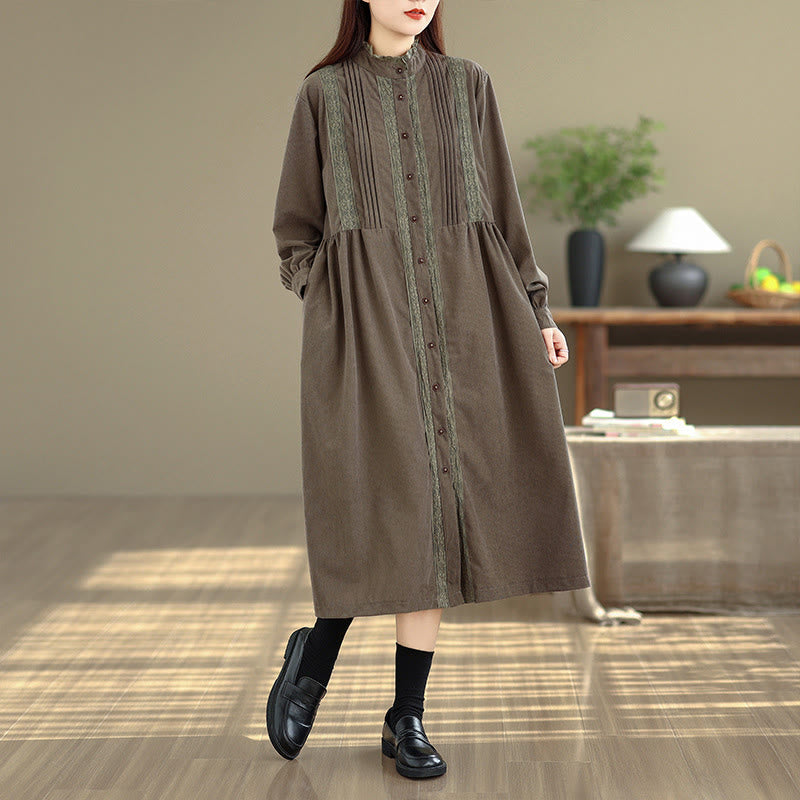 Vestido midi de pana de manga larga con botones, plisado y bolsillos para mujer de Buddha Stones Winter - image 4
