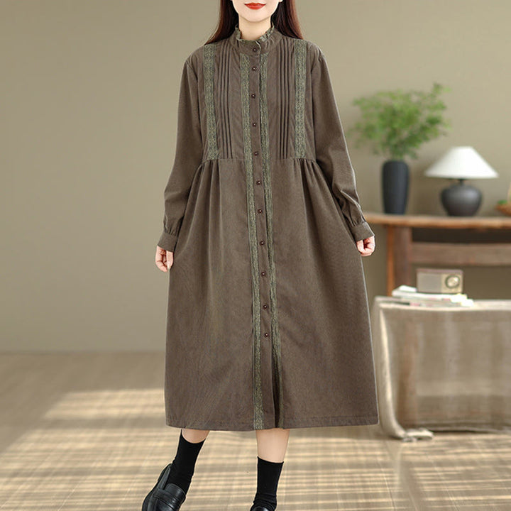 Vestido midi de pana de manga larga con botones, plisado y bolsillos para mujer de Buddha Stones Winter - image 5