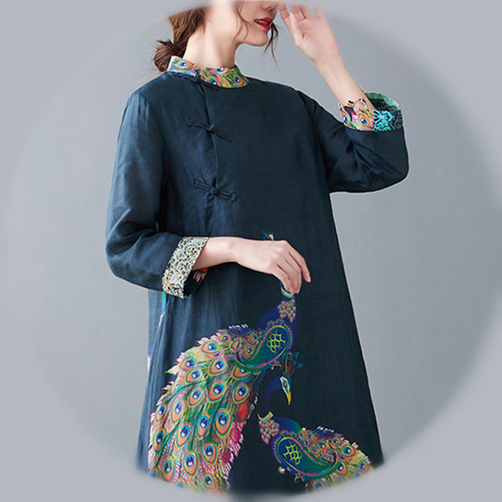Vestido midi de algodón para mujer, con mangas tres cuartos, diseño de pavos Buddha Stones coloridos, mandala, rana y botones - image 12