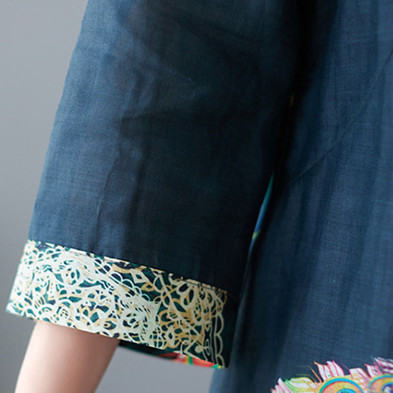 Vestido midi de algodón para mujer, con mangas tres cuartos, diseño de pavos Buddha Stones coloridos, mandala, rana y botones - image 16