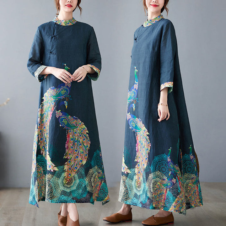 Vestido midi de algodón para mujer, con mangas tres cuartos, diseño de pavos Buddha Stones coloridos, mandala, rana y botones - Azul acero - US8-10，UK/AU12-14，EU40-42 (2XL) - image 0