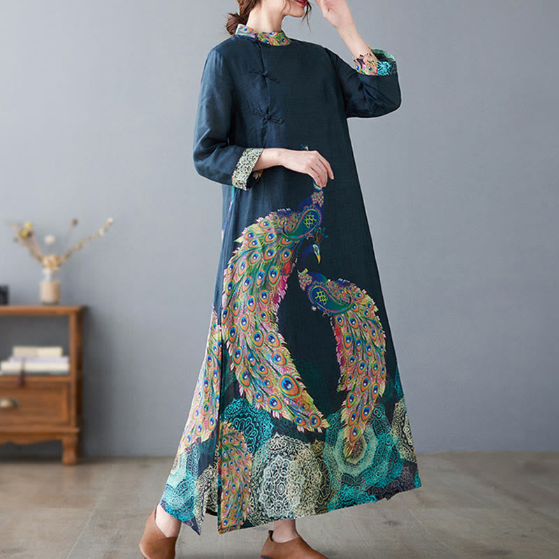 Vestido midi de algodón para mujer, con mangas tres cuartos, diseño de pavos Buddha Stones coloridos, mandala, rana y botones - image 2