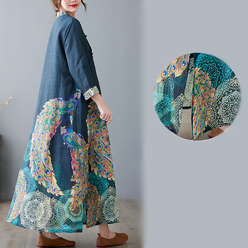 Vestido midi de algodón para mujer, con mangas tres cuartos, diseño de pavos Buddha Stones coloridos, mandala, rana y botones - image 10