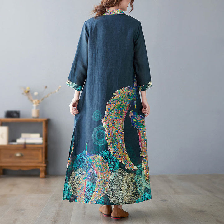Vestido midi de algodón para mujer, con mangas tres cuartos, diseño de pavos Buddha Stones coloridos, mandala, rana y botones - image 3