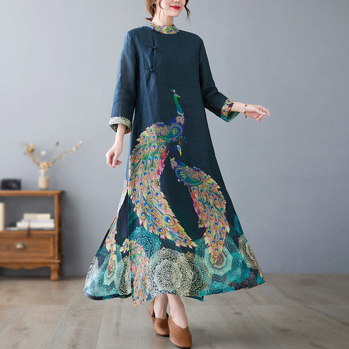 Vestido midi de algodón para mujer, con mangas tres cuartos, diseño de pavos Buddha Stones coloridos, mandala, rana y botones - image 1