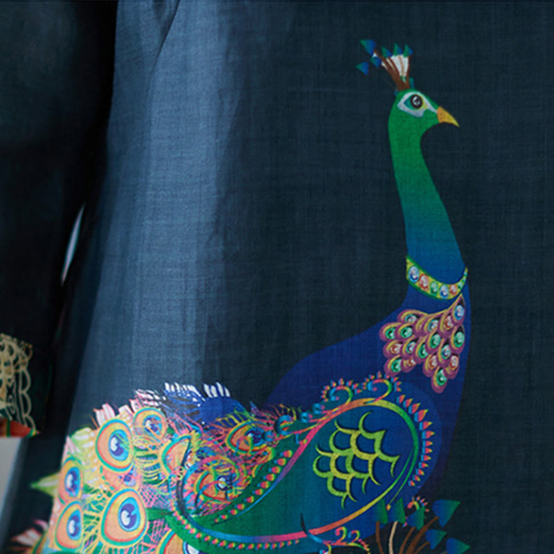 Vestido midi de algodón para mujer, con mangas tres cuartos, diseño de pavos Buddha Stones coloridos, mandala, rana y botones - image 15