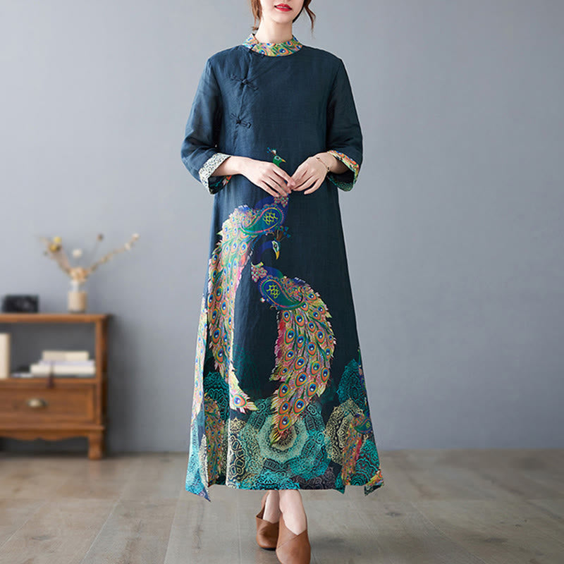 Vestido midi de algodón para mujer, con mangas tres cuartos, diseño de pavos Buddha Stones coloridos, mandala, rana y botones - image 6