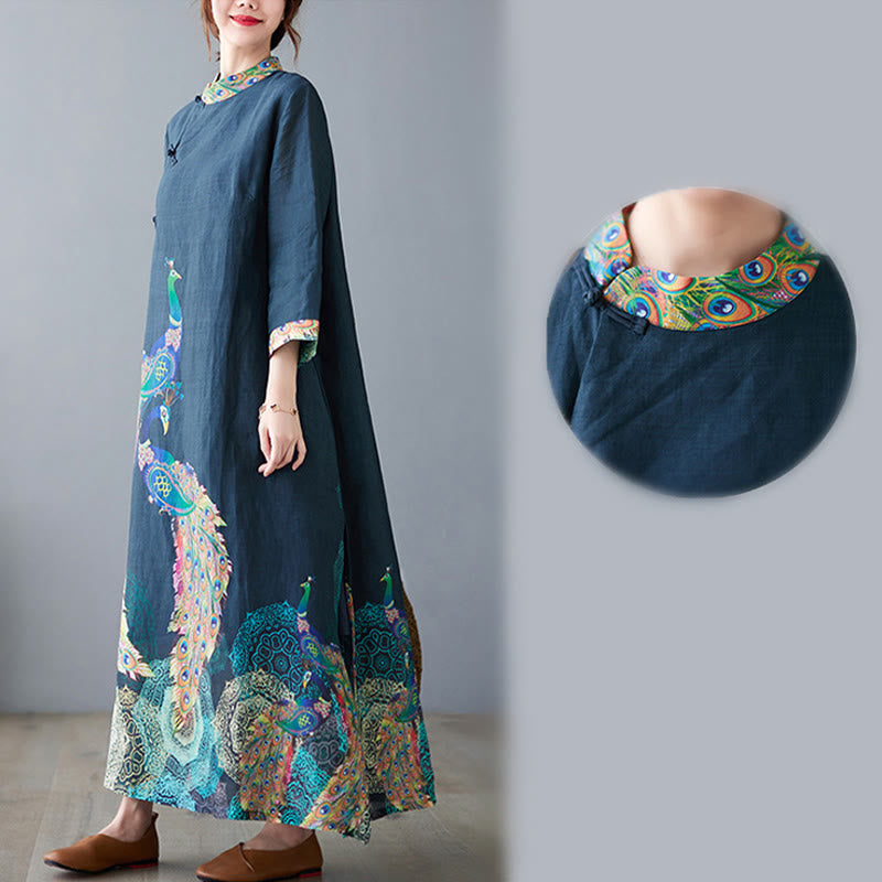 Vestido midi de algodón para mujer, con mangas tres cuartos, diseño de pavos Buddha Stones coloridos, mandala, rana y botones - image 9