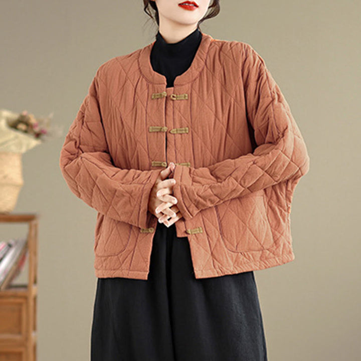 Chaqueta térmica de algodón de manga larga para mujer con bolsillos y botones de rana de invierno de Buddha Stones. - image 2