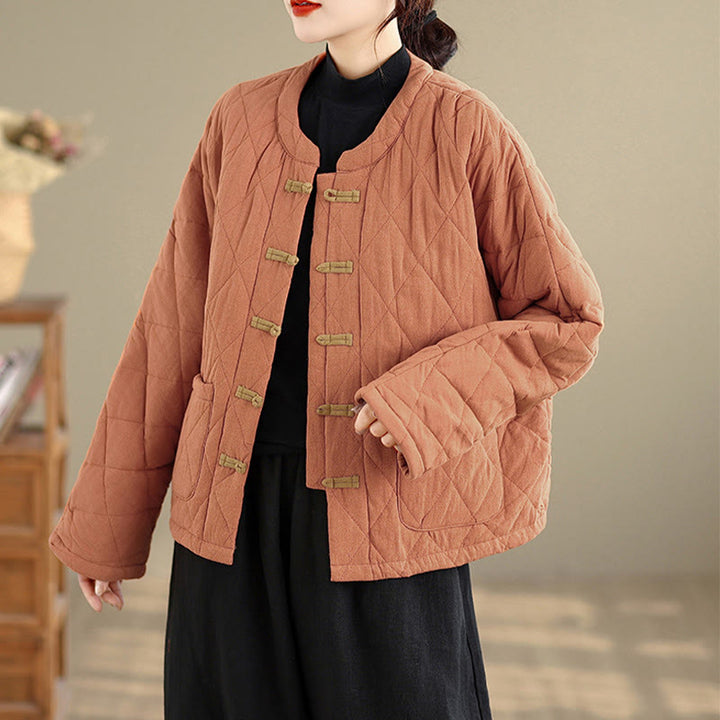 Chaqueta térmica de algodón de manga larga para mujer con bolsillos y botones de rana de invierno de Buddha Stones. - image 4