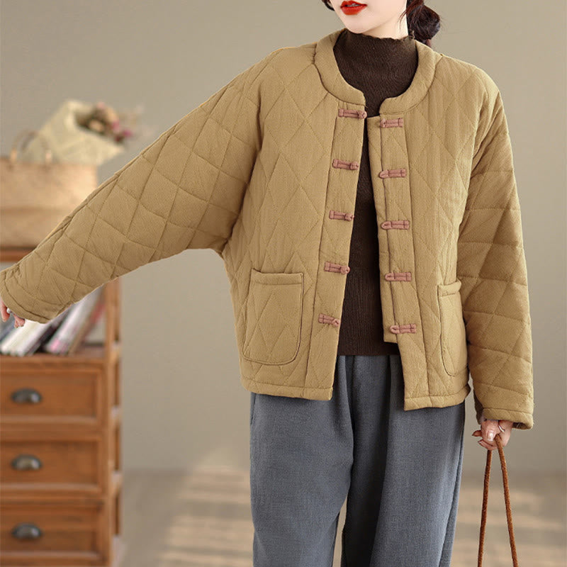 Chaqueta térmica de algodón de manga larga para mujer con bolsillos y botones de rana de invierno de Buddha Stones. - image 7