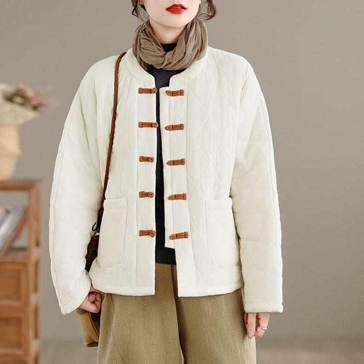 Chaqueta térmica de algodón de manga larga para mujer con bolsillos y botones de rana de invierno de Buddha Stones. - image 17