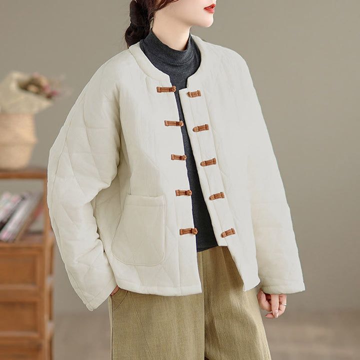 Chaqueta térmica de algodón de manga larga para mujer con bolsillos y botones de rana de invierno de Buddha Stones. - image 18