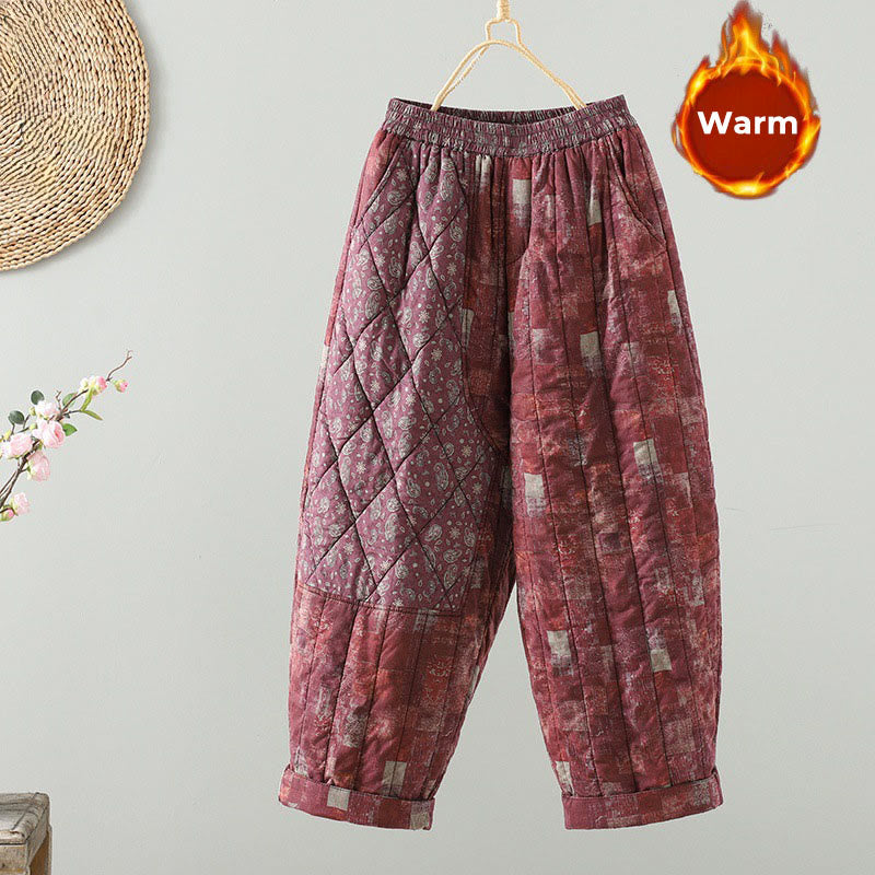 Pantalones harén de algodón para mujer con cintura elástica y bolsillos, diseño de rombos cuadrados de invierno con Buddha Stones - Violeta pálido rojo - US8-10，UK/AU12-14，EU40-42 (2XL) - image 1