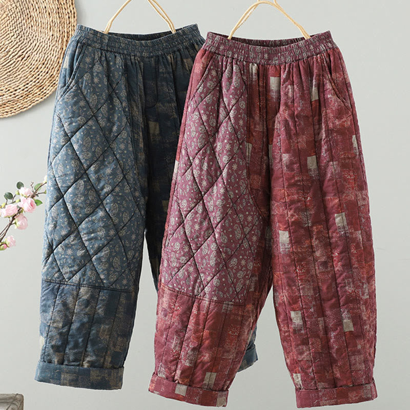 Pantalones harén de algodón para mujer con cintura elástica y bolsillos, diseño de rombos cuadrados de invierno con Buddha Stones - image 0