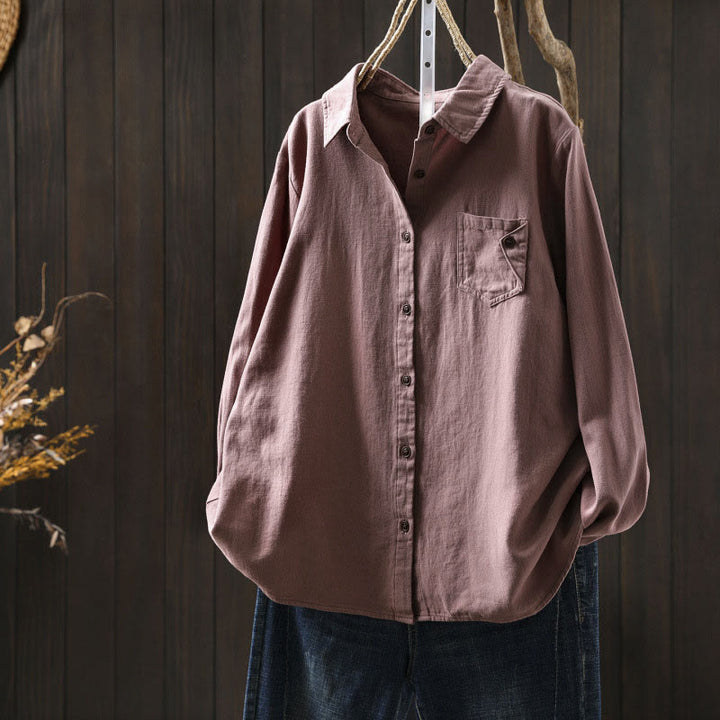 Camisa de algodón de manga larga con cuello alto para mujer, diseño con botones y bolsillos decorados con Buddha Stones en otoño - Violeta pálido rojo - US6, UK/AU10, EU38 (L) - image 16