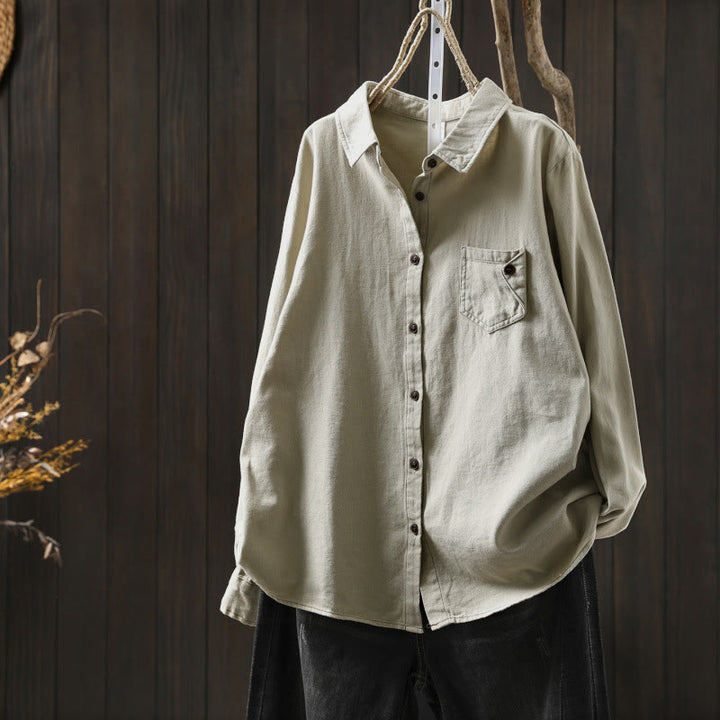 Camisa de algodón de manga larga con cuello alto para mujer, diseño con botones y bolsillos decorados con Buddha Stones en otoño - Beige - US6, UK/AU10, EU38 (L) - image 14