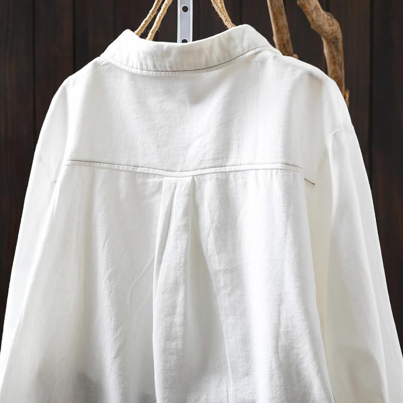 Camisa de algodón de manga larga con cuello alto para mujer, diseño con botones y bolsillos decorados con Buddha Stones en otoño - image 4