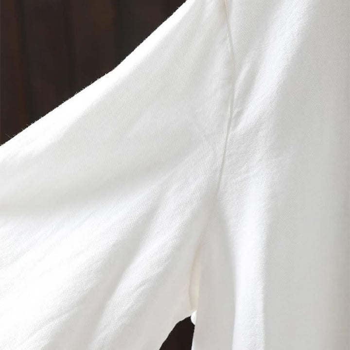 Camisa de algodón de manga larga con cuello alto para mujer, diseño con botones y bolsillos decorados con Buddha Stones en otoño - image 10