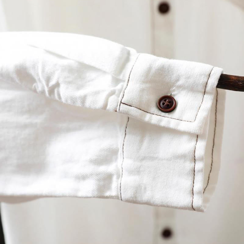 Camisa de algodón de manga larga con cuello alto para mujer, diseño con botones y bolsillos decorados con Buddha Stones en otoño - image 11