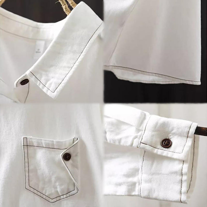 Camisa de algodón de manga larga con cuello alto para mujer, diseño con botones y bolsillos decorados con Buddha Stones en otoño - image 12