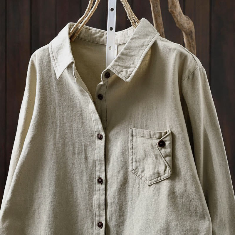 Camisa de algodón de manga larga con cuello alto para mujer, diseño con botones y bolsillos decorados con Buddha Stones en otoño - image 15