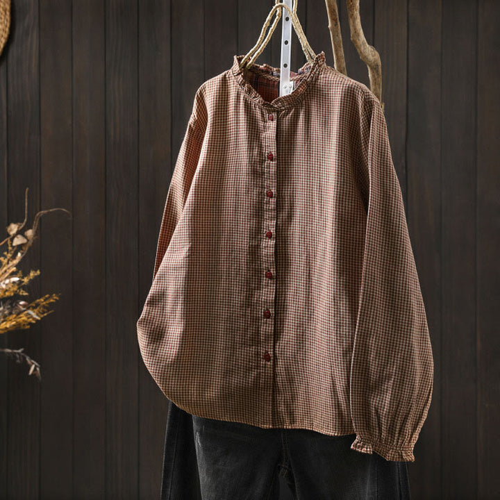 Camisa de algodón de manga larga para mujer con cuello con volantes y botones a cuadros pequeños de Buddha Stones Fall - Salmón oscuro - US6, UK/AU10, EU38 (L) - image 0