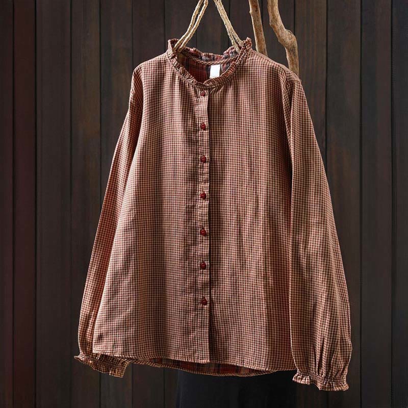 Camisa de algodón de manga larga para mujer con cuello con volantes y botones a cuadros pequeños de Buddha Stones Fall - image 1