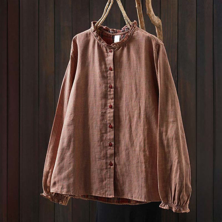 Camisa de algodón de manga larga para mujer con cuello con volantes y botones a cuadros pequeños de Buddha Stones Fall - image 1
