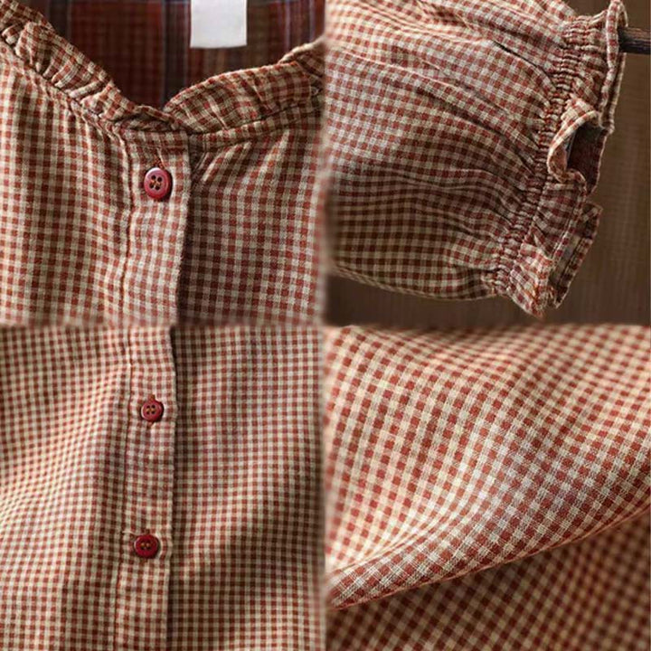 Camisa de algodón de manga larga para mujer con cuello con volantes y botones a cuadros pequeños de Buddha Stones Fall - image 12