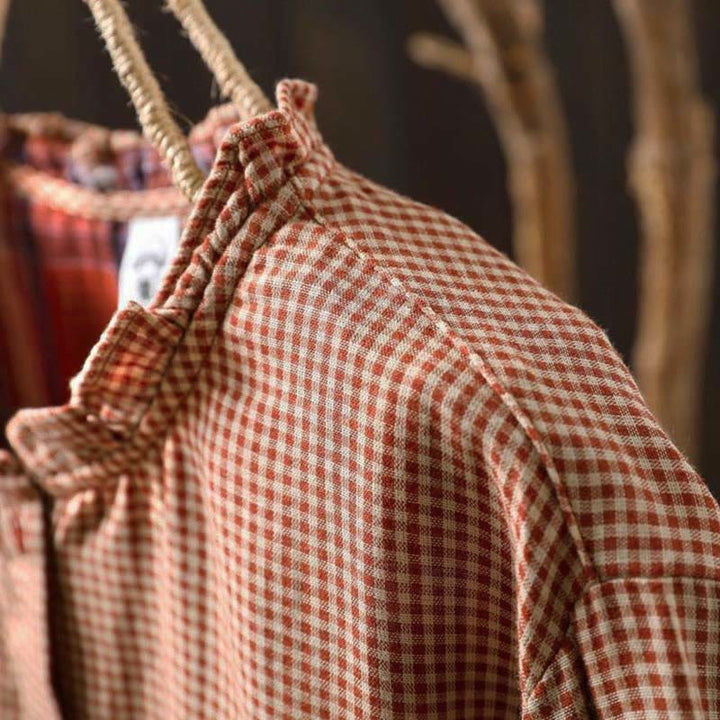 Camisa de algodón de manga larga para mujer con cuello con volantes y botones a cuadros pequeños de Buddha Stones Fall - image 6