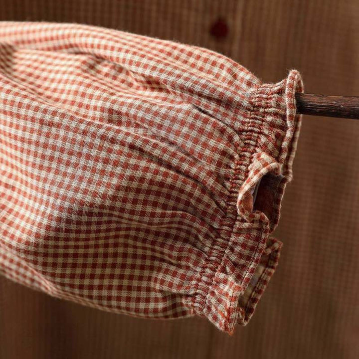 Camisa de algodón de manga larga para mujer con cuello con volantes y botones a cuadros pequeños de Buddha Stones Fall - image 10