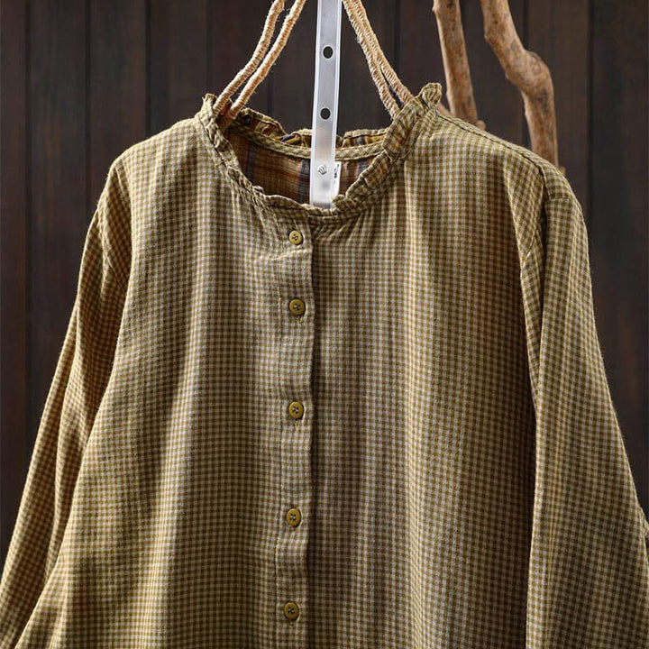 Camisa de algodón de manga larga para mujer con cuello con volantes y botones a cuadros pequeños de Buddha Stones Fall - image 14