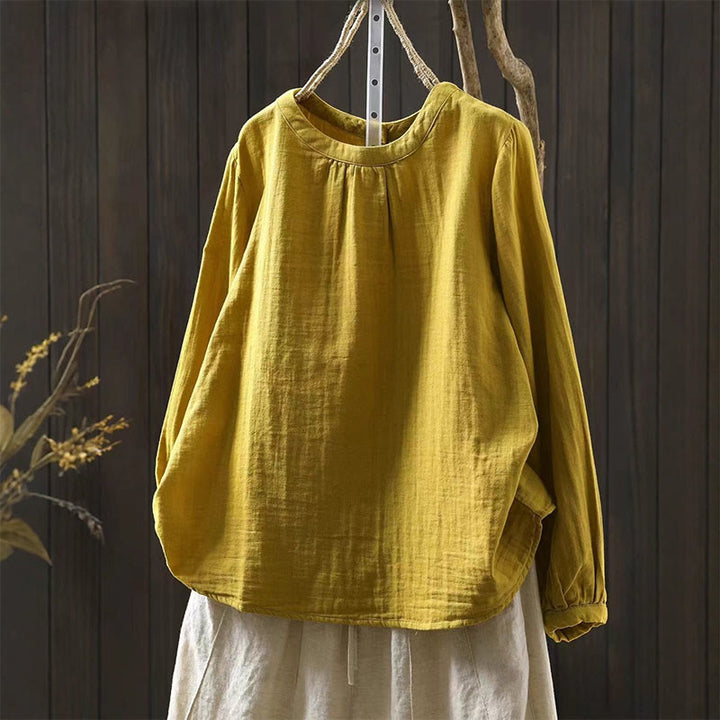 Camisa de algodón de manga larga para mujer con cuello redondo y botones en la espalda con estampado de Buddha Stones Fall - Amarillo - US6, UK/AU10, EU38 (L) - image 9