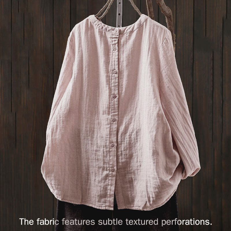 Camisa de algodón de manga larga para mujer con cuello redondo y botones en la espalda con estampado de Buddha Stones Fall - image 1