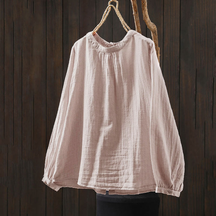 Camisa de algodón de manga larga para mujer con cuello redondo y botones en la espalda con estampado de Buddha Stones Fall - image 2